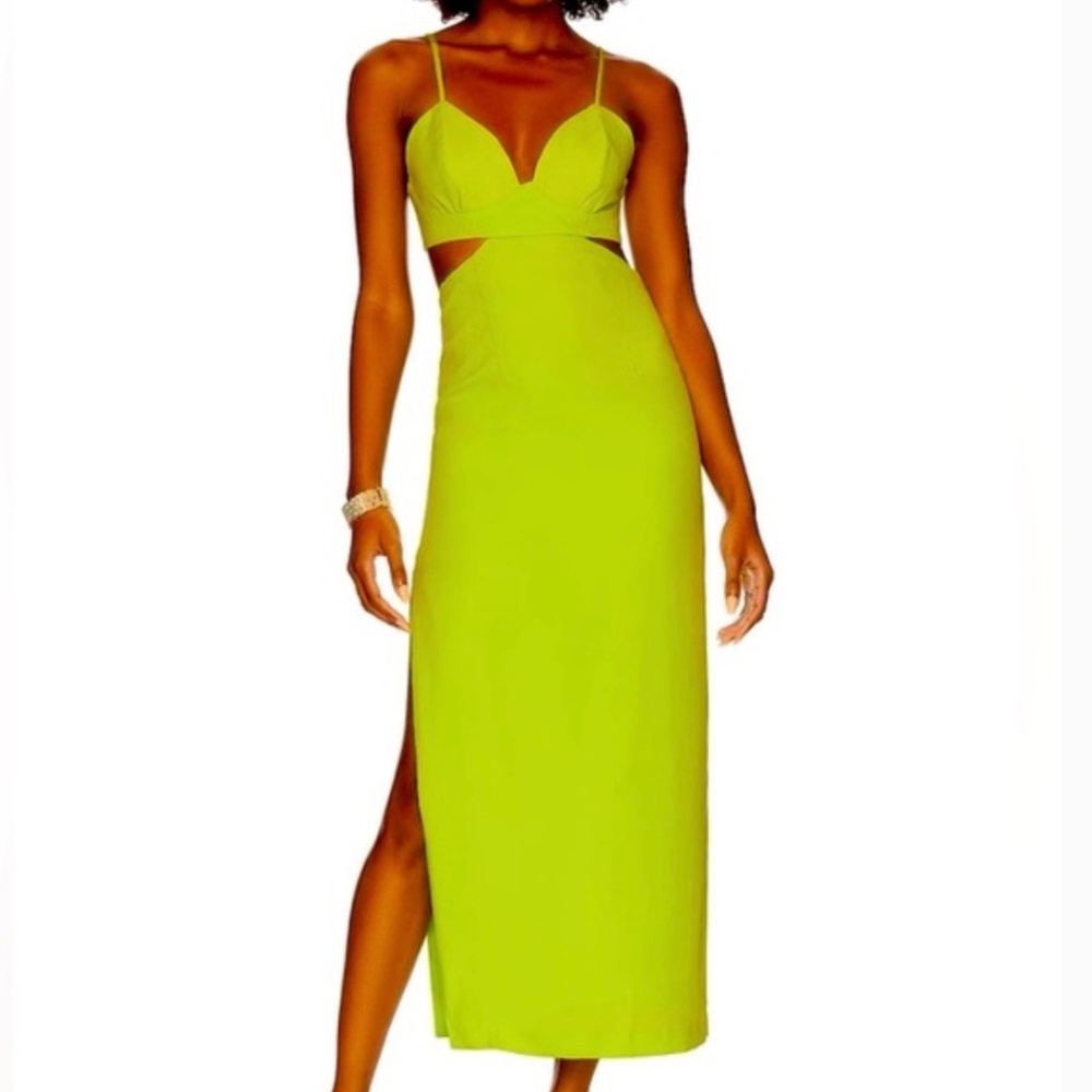 Bardot Cut Out Slit Midi Dress in Lime